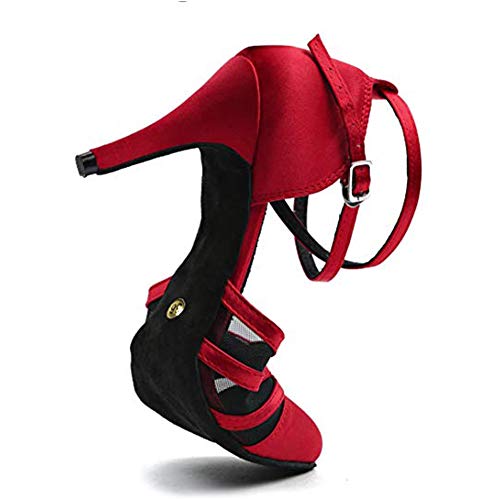 YKXLM Zapatos de Baile Latino Satin para Mujer Zapatos de Salón de Baile Salsa Standard,ESYCL189-5,Rojo,EU 37.5