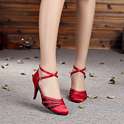 YKXLM Zapatos de Baile Latino Satin para Mujer Zapatos de Salón de Baile Salsa Standard,ESYCL189-5,Rojo,EU 37.5