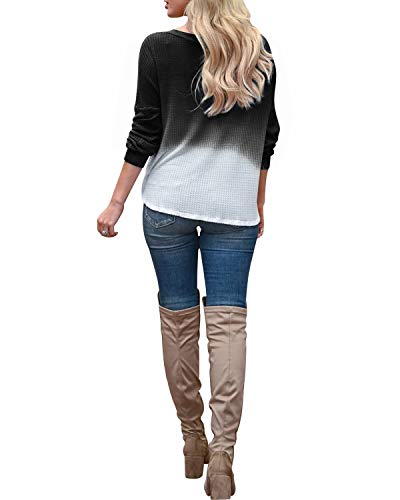 YOINS Mujer Suéter Manga Larga Pullover Gradiente Jersey con Cuello En V Suéter Camiseta Deportiva Casual Top Primavera Y Verano Negro L