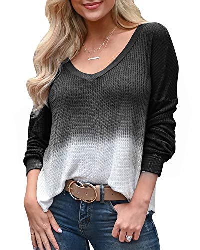 YOINS Mujer Suéter Manga Larga Pullover Gradiente Jersey con Cuello En V Suéter Camiseta Deportiva Casual Top Primavera Y Verano Negro L