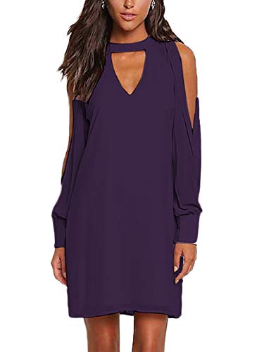 YOINS Mujer Vestidos Elegantes de Gasa Vestidos Mangas Largas Verano Estidos Casual Vestido Cuello en V de Boho Playa Cóctel Fiesta Púrpura XS