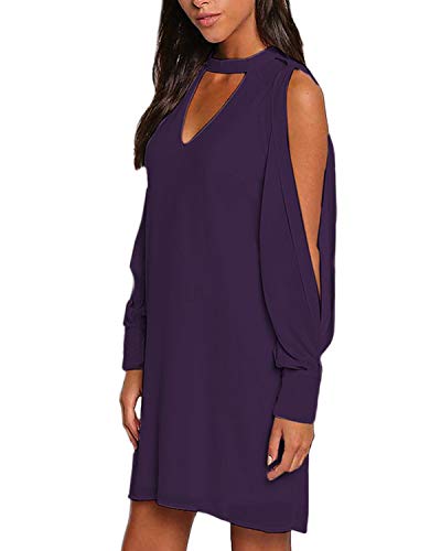 YOINS Mujer Vestidos Elegantes de Gasa Vestidos Mangas Largas Verano Estidos Casual Vestido Cuello en V de Boho Playa Cóctel Fiesta Púrpura XS