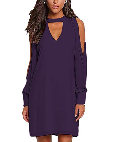 YOINS Mujer Vestidos Elegantes de Gasa Vestidos Mangas Largas Verano Estidos Casual Vestido Cuello en V de Boho Playa Cóctel Fiesta Púrpura XS