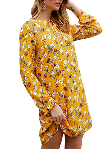 YOINS Vestido de mujer largo hasta la rodilla, con flores, blusa, manga larga, sexy, cuello redondo, elegante vestido de invierno para mujer con cinturón amarillo L