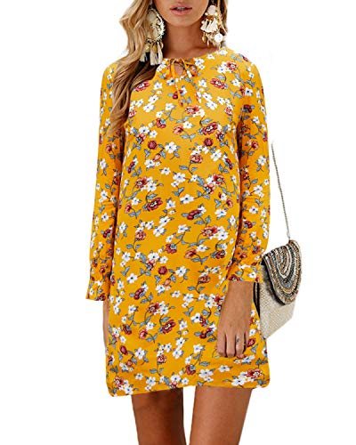 YOINS Vestido de mujer largo hasta la rodilla, con flores, blusa, manga larga, sexy, cuello redondo, elegante vestido de invierno para mujer con cinturón amarillo L