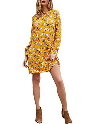 YOINS Vestido de mujer largo hasta la rodilla, con flores, blusa, manga larga, sexy, cuello redondo, elegante vestido de invierno para mujer con cinturón amarillo L