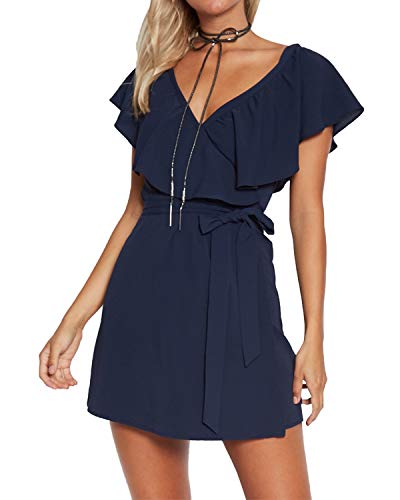 Yoins - Vestido de verano para mujer, corto, cuello en V, sin hombros, elegante, vestido de playa, minivestido de fiesta 01 S