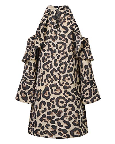 YOINS Vestido para Mujer Leopardo Elegante Blusa de Manga Larga Hombro Frío Tops Cuello Redondo Estampado Fiesta Leopard-Amarillo S