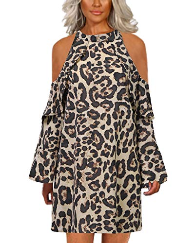 YOINS Vestido para Mujer Leopardo Elegante Blusa de Manga Larga Hombro Frío Tops Cuello Redondo Estampado Fiesta Leopard-Amarillo S