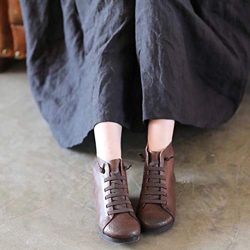 YONEER Botines de Cuero Otoño Vintage con Cordones Zapatos de Mujer Botas cómodas de tacón Plano Cremallera Bota Corta