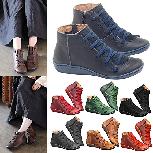 YONEER Botines de Cuero Otoño Vintage con Cordones Zapatos de Mujer Botas cómodas de tacón Plano Cremallera Bota Corta