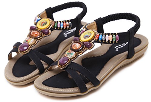 Yooeen Mujer Elegante Sandalias de Vestir Estilo Boho Rhinestone Abalorios Sandalias Planas Cómodo Elástico T-Correas Peep-Dedo Sandalias Talla Grande 35-45