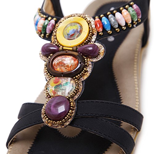 Yooeen Mujer Elegante Sandalias de Vestir Estilo Boho Rhinestone Abalorios Sandalias Planas Cómodo Elástico T-Correas Peep-Dedo Sandalias Talla Grande 35-45