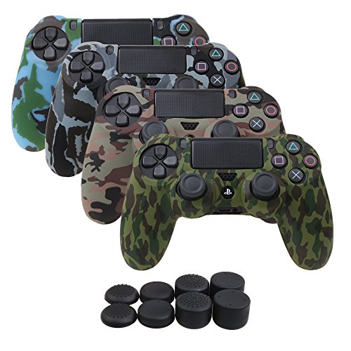 YoRHa Transferencia de Agua Camuflaje de impresión Silicona Caso Piel Fundas Protectores Cubierta para Sony PS4/slim/Pro Mando x 4(Bosque + Marina + Desierto + Nieve) con Pro Thumb Grips x 8