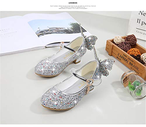 YOSICIL Zapatos de Princesa de Bowknot para Niños Zapatos Bailarinas Sandalias de Vestir Tacón Alto Zapatos de Lentejuelas Velcro Zapatillas para Disfraz de Fiesta Cumpleaños Carnaval EU26-38