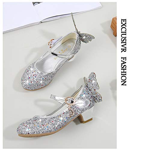 YOSICIL Zapatos de Princesa de Bowknot para Niños Zapatos Bailarinas Sandalias de Vestir Tacón Alto Zapatos de Lentejuelas Velcro Zapatillas para Disfraz de Fiesta Cumpleaños Carnaval EU26-38