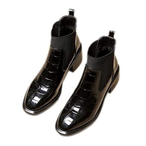 Youpin Botas de mujer de piel brillante con punta cuadrada, elásticas, con tacón medio, botas cortas y tobilleras Chelsea Botines gruesos (color: negro, talla de zapato: 36)