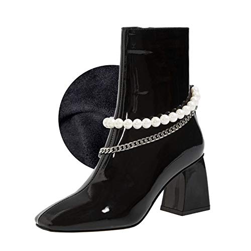 YQSHOES Botas De Mujer con Cuentas De Perlas De Charol De Vaca De Primera Capa Botines De Tacón Alto con Punta Cuadrada,Black 2,35EU/5US/3UK