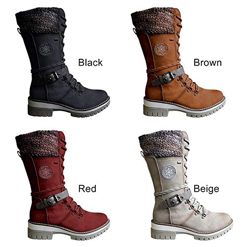 YSHUAI Botas de Altas para Mujer, Botas para Mujer, Botines de Hebilla de Punto, Botas de Becerro de Punto, Botas de Deslizamiento de Damas,Beige,EU40