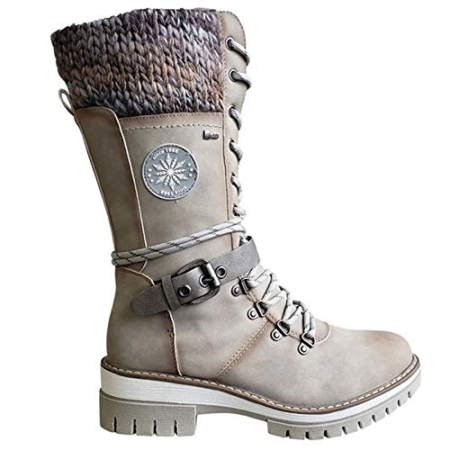 YSHUAI Botas de Altas para Mujer, Botas para Mujer, Botines de Hebilla de Punto, Botas de Becerro de Punto, Botas de Deslizamiento de Damas,Beige,EU40