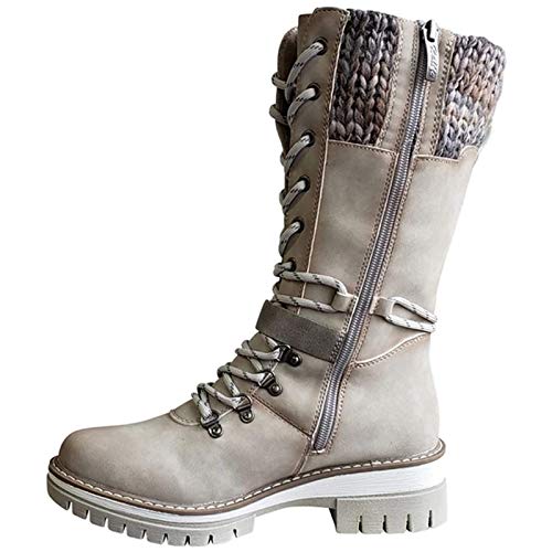 YSHUAI Botas de Altas para Mujer, Botas para Mujer, Botines de Hebilla de Punto, Botas de Becerro de Punto, Botas de Deslizamiento de Damas,Beige,EU40