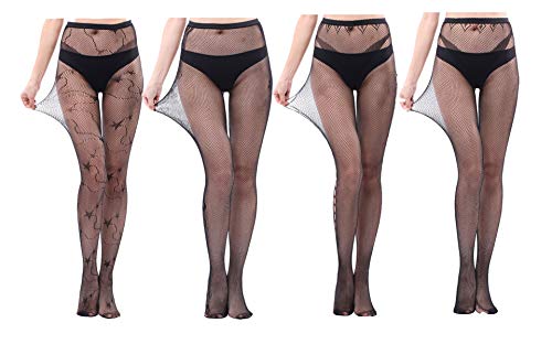 Yulaixuan Mujeres 4 pares Medias de red de cintura alta Encaje Ahueca hacia fuera Medias estampadas Agujero de malla transparente Medias (Grupo dos)