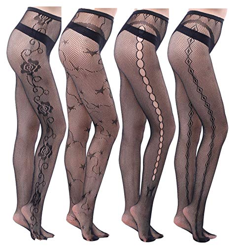 Yulaixuan Mujeres 4 pares Medias de red de cintura alta Encaje Ahueca hacia fuera Medias estampadas Agujero de malla transparente Medias (Grupo dos)