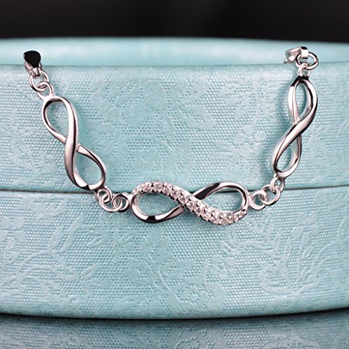 Yumilok - Pulsera de Eslabones para Mujer con Símbolo del Infinito de Plata de Ley 925 con Circonita Longitud 16,5-19 cm (Ajustable).