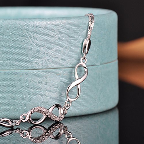 Yumilok - Pulsera de Eslabones para Mujer con Símbolo del Infinito de Plata de Ley 925 con Circonita Longitud 16,5-19 cm (Ajustable).
