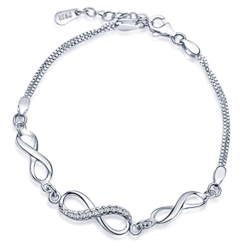 Yumilok - Pulsera de Eslabones para Mujer con Símbolo del Infinito de Plata de Ley 925 con Circonita Longitud 16,5-19 cm (Ajustable).