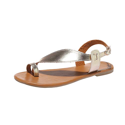 YURU Sandalias Planas Correa para El Tobillo para Mujer Sandalias Romanas De Cuero Sintético para Mujer Alpargatas De Vacaciones En La Playa De Verano Zapatos,Yellow-EU37