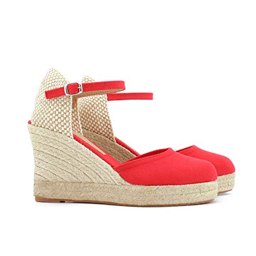 Yute Plataforma Alta 7 Cuerdas Textil Cuña Esparto (40, Rojo)