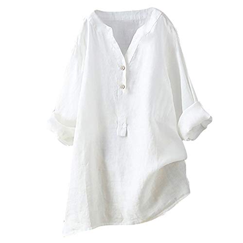 Yvelands Camisa Casual Femenina, Tops para Mujer Sólida Camiseta de Manga Larga Loose Button Down Blusa Liquidación! (Blanco, XL)