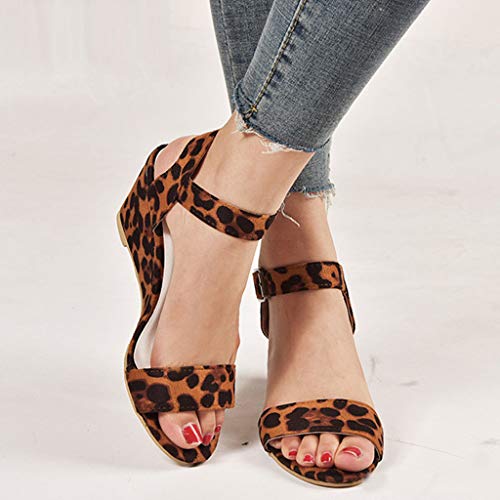 Yvelands Moda para Mujer Damas de Leopardo Correa con Hebilla de tacón Zapatos Romanos Sandalias(Beige,37)