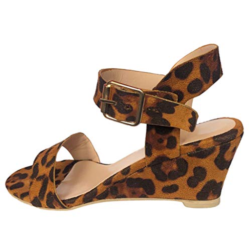 Yvelands Moda para Mujer Damas de Leopardo Correa con Hebilla de tacón Zapatos Romanos Sandalias(Beige,37)