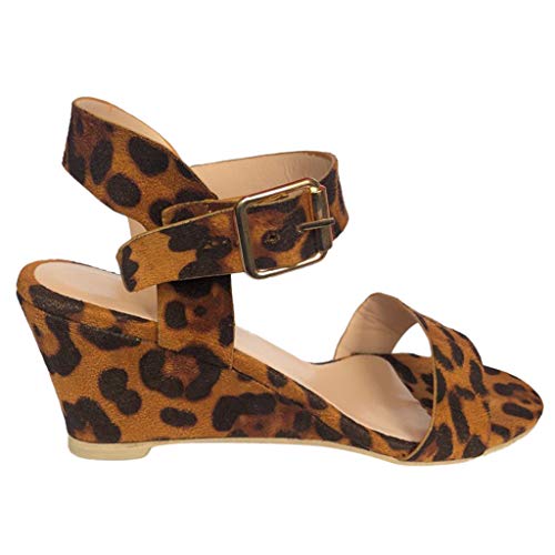 Yvelands Moda para Mujer Damas de Leopardo Correa con Hebilla de tacón Zapatos Romanos Sandalias(Beige,37)