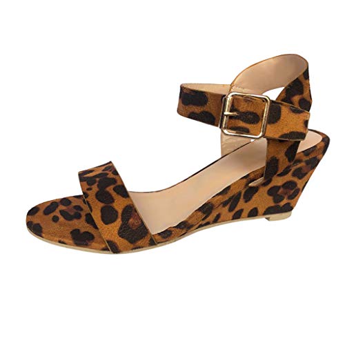 Yvelands Moda para Mujer Damas de Leopardo Correa con Hebilla de tacón Zapatos Romanos Sandalias(Beige,37)