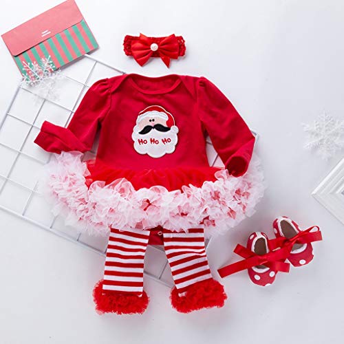 YWLINK 4PC Traje De Navidad Bebe NiñA Mono con Estampado De Cabeza De Ciervo Vestido Falda Princesa Tutu+Calcetines Manga De La Pierna+Banda para El Cabello+Zapatos De NiñO(Rojo,12-24 meses/80)
