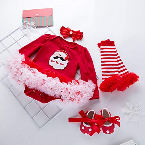 YWLINK 4PC Traje De Navidad Bebe NiñA Mono con Estampado De Cabeza De Ciervo Vestido Falda Princesa Tutu+Calcetines Manga De La Pierna+Banda para El Cabello+Zapatos De NiñO(Rojo,12-24 meses/80)