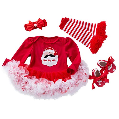 YWLINK 4PC Traje De Navidad Bebe NiñA Mono con Estampado De Cabeza De Ciervo Vestido Falda Princesa Tutu+Calcetines Manga De La Pierna+Banda para El Cabello+Zapatos De NiñO(Rojo,12-24 meses/80)