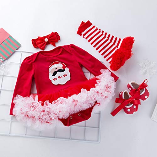 YWLINK 4PC Traje De Navidad Bebe NiñA Mono con Estampado De Cabeza De Ciervo Vestido Falda Princesa Tutu+Calcetines Manga De La Pierna+Banda para El Cabello+Zapatos De NiñO(Rojo,12-24 meses/80)