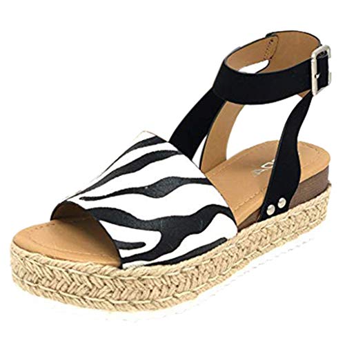 YWLINK Mujeres Sandalias,Europa Y America De Gran TamañO Leopardo,PatróN De Cebra De Gamuza Sandalias De Plataforma Correa De Hebilla Zapatos De Playa Viajes Aire Libre Zapatos Romanos(Negro,38EU)