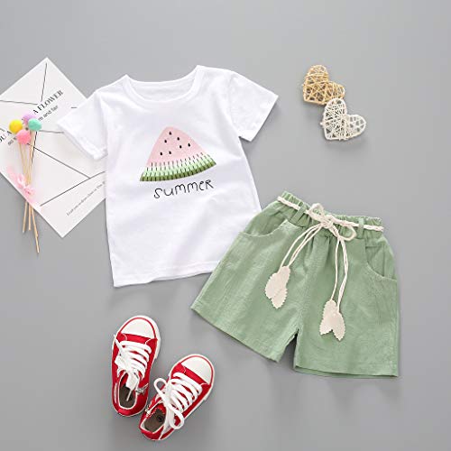 YWLINK Verano Mezcla De AlgodóN Conjunto De Manga Corta De SandíA, Manga Corta De SandíA Camiseta Estampada+Pantalones Cortos De Color Liso +Cuerda Decorativa 1-4 AñOs De Edad Bautizo