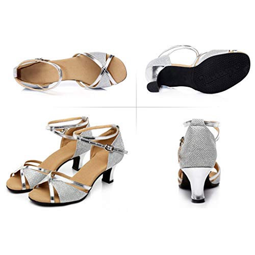 YWLINK Zapatos De Baile Latino para Adultos De Boca para Mujer De La Escuela Secundaria con Zapatos De Baile Cuadrados De Fondo Suave CóModo Antideslizante Sandalias(Plata,37EU)