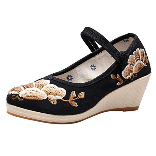 YWLINK Zapatos De CuñA para Mujeres Zapatos Bordados De Boca Baja Zapatos Individuales De Viento Nacional Zapatos De Danza del Viento Antiguo Transpirable Fiesta En La Playa CóModo(Negro,36EU)