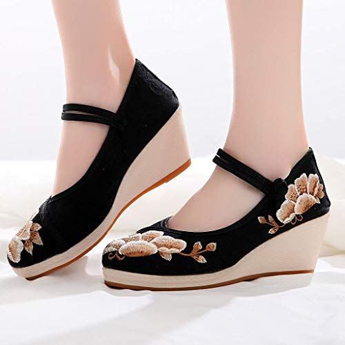 YWLINK Zapatos De CuñA para Mujeres Zapatos Bordados De Boca Baja Zapatos Individuales De Viento Nacional Zapatos De Danza del Viento Antiguo Transpirable Fiesta En La Playa CóModo(Negro,36EU)