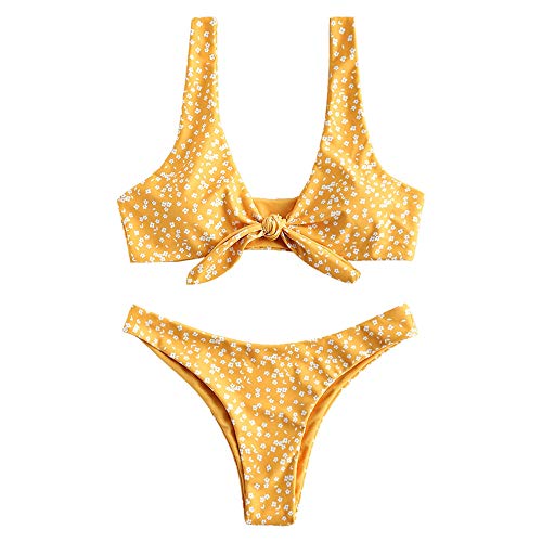 ZAFUL - Conjunto de bikini para mujer, diseño de flores, cintura baja, nudo delantero, dos piezas amarillo S