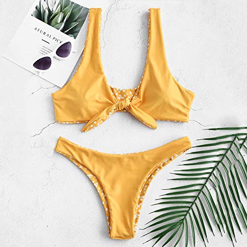 ZAFUL - Conjunto de bikini para mujer, diseño de flores, cintura baja, nudo delantero, dos piezas amarillo S