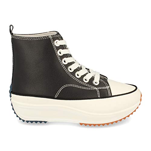 Zapatilla Abotinada, Comodas, Estilo Bamba, Material de Polipiel, con Plataforma, Cierre de Cordones, Primavera Verano 2021. Talla 40 Negro