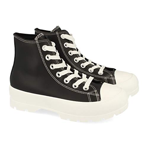 Zapatilla Abotinada de Polipiel para Mujer, con Plataforma, Estilo Bamba, y Cierre de Cordones, Primavera Verano 2021. Talla 39 Negro